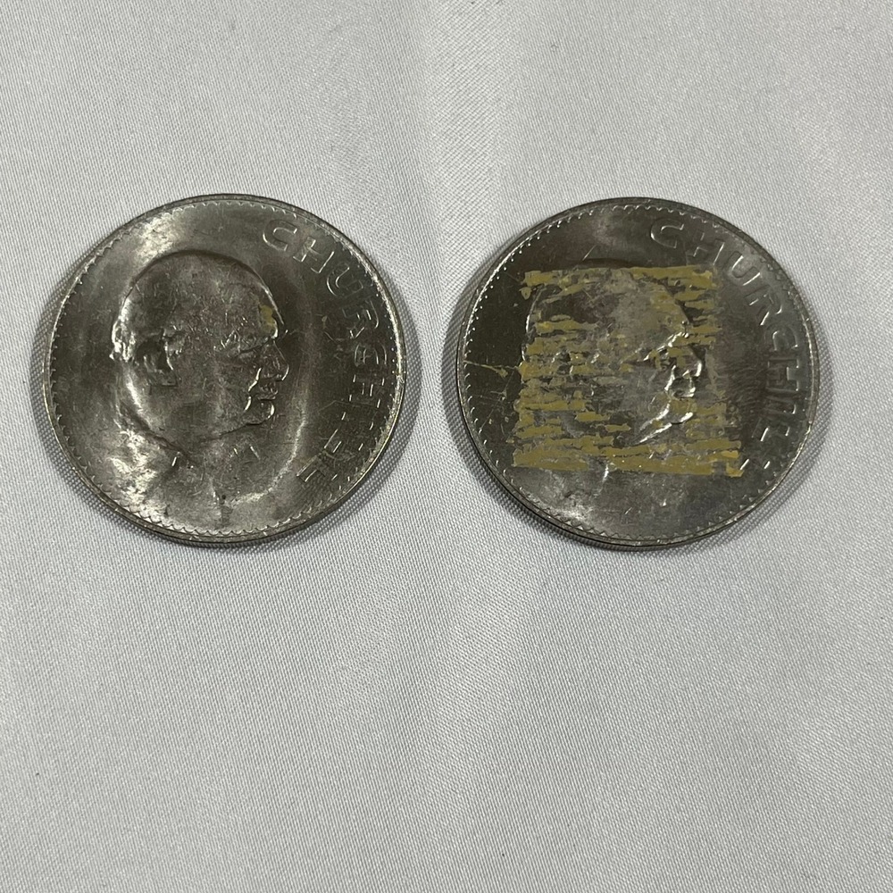 Royal Mint 1965 Churchill Crown Coin Set 2pc Silver Tone Commemorative UK Flaw